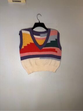 Vintage Crop Multicolor V-Neck Knit Sweater Vest - Cream, Purple, Red & Pink